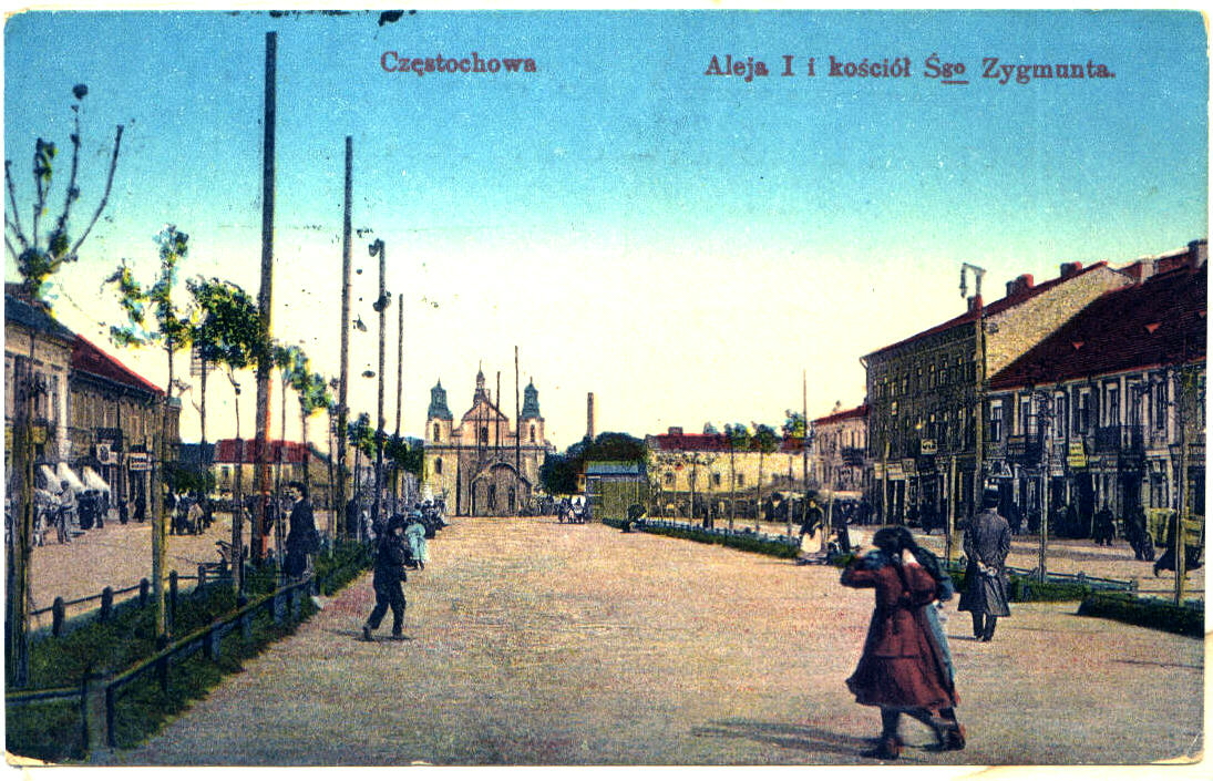 Aleja NMP — an illustrated view of Czestochowa's main avenue, showing period buildings and pedestrians