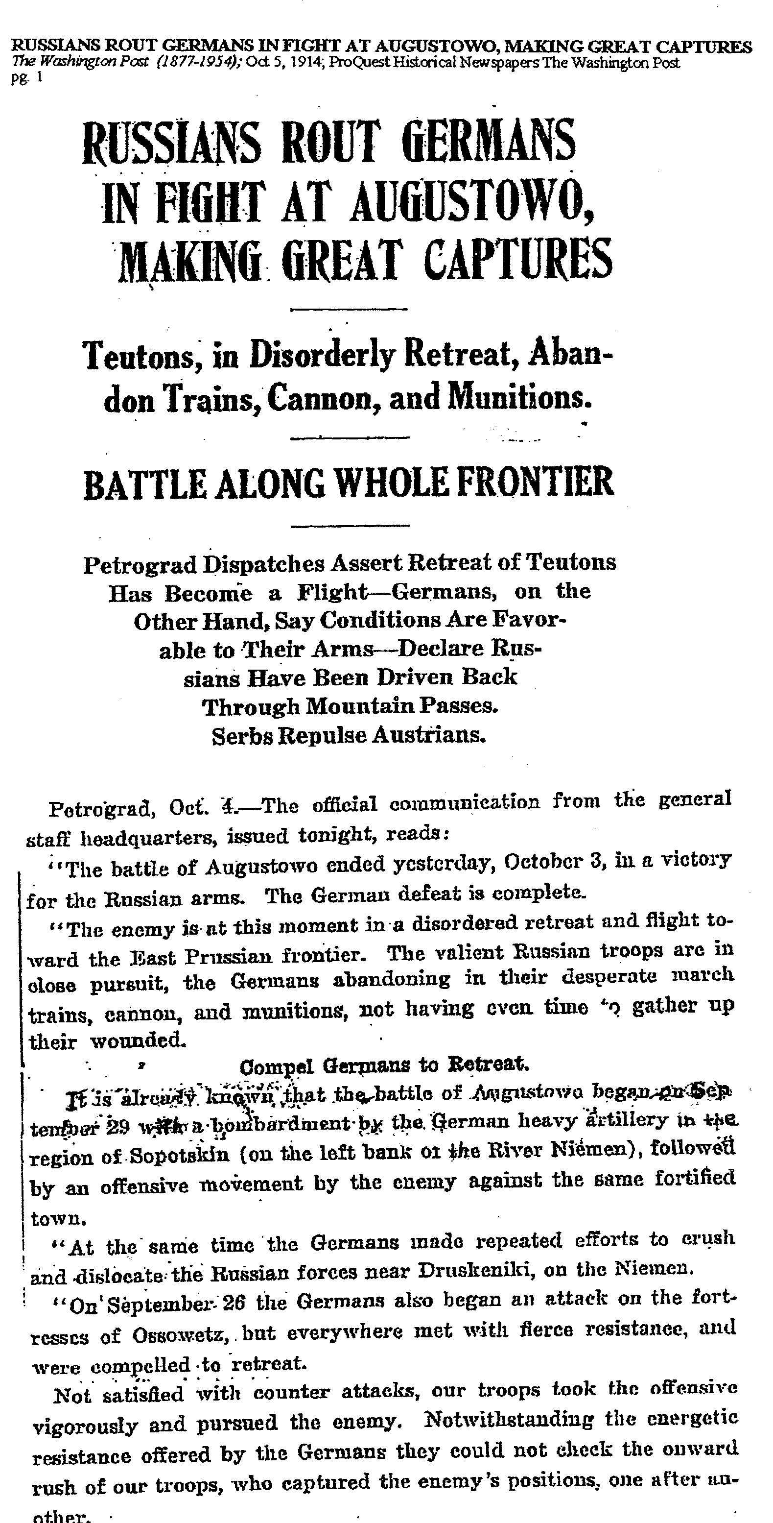 Scanned document from October 5, 1914 — Sopockin under German occupation